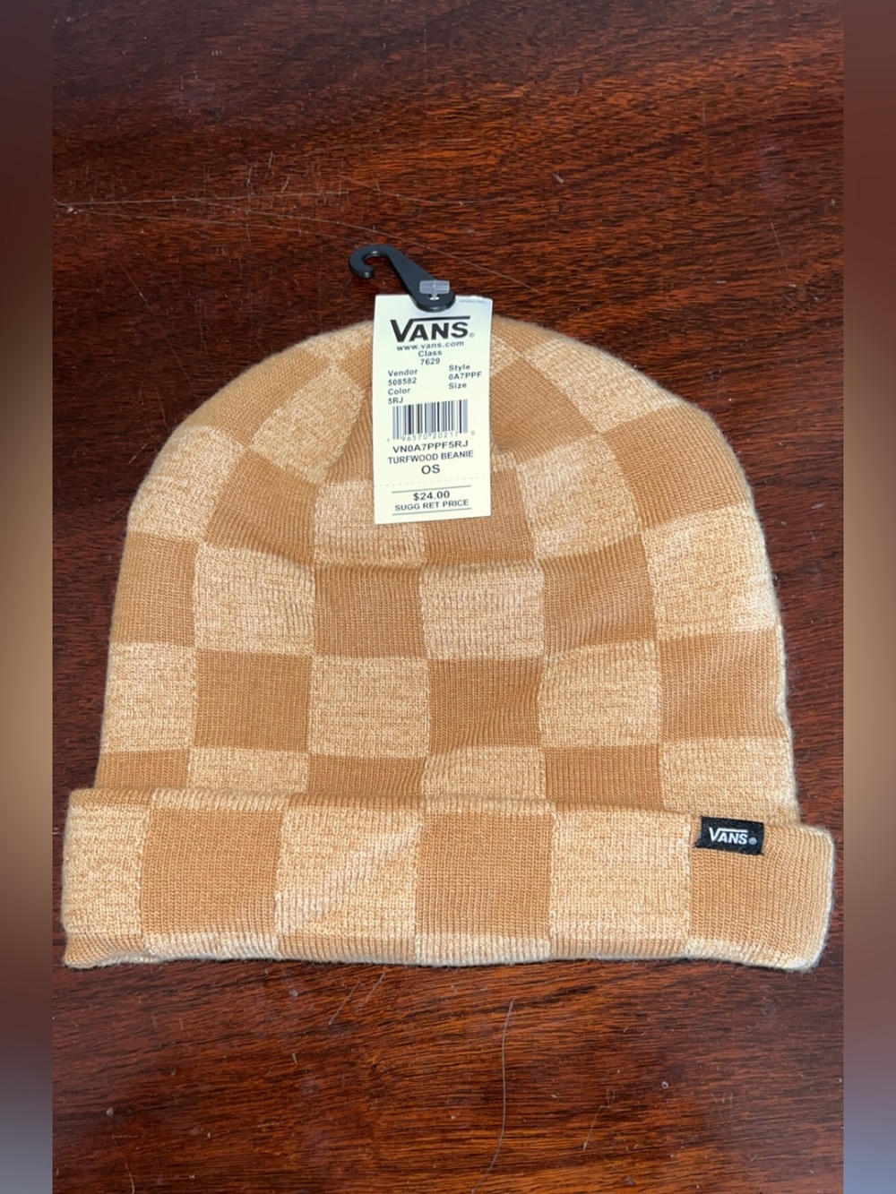 Vans Checkerboard Beanie in Tan and Cream